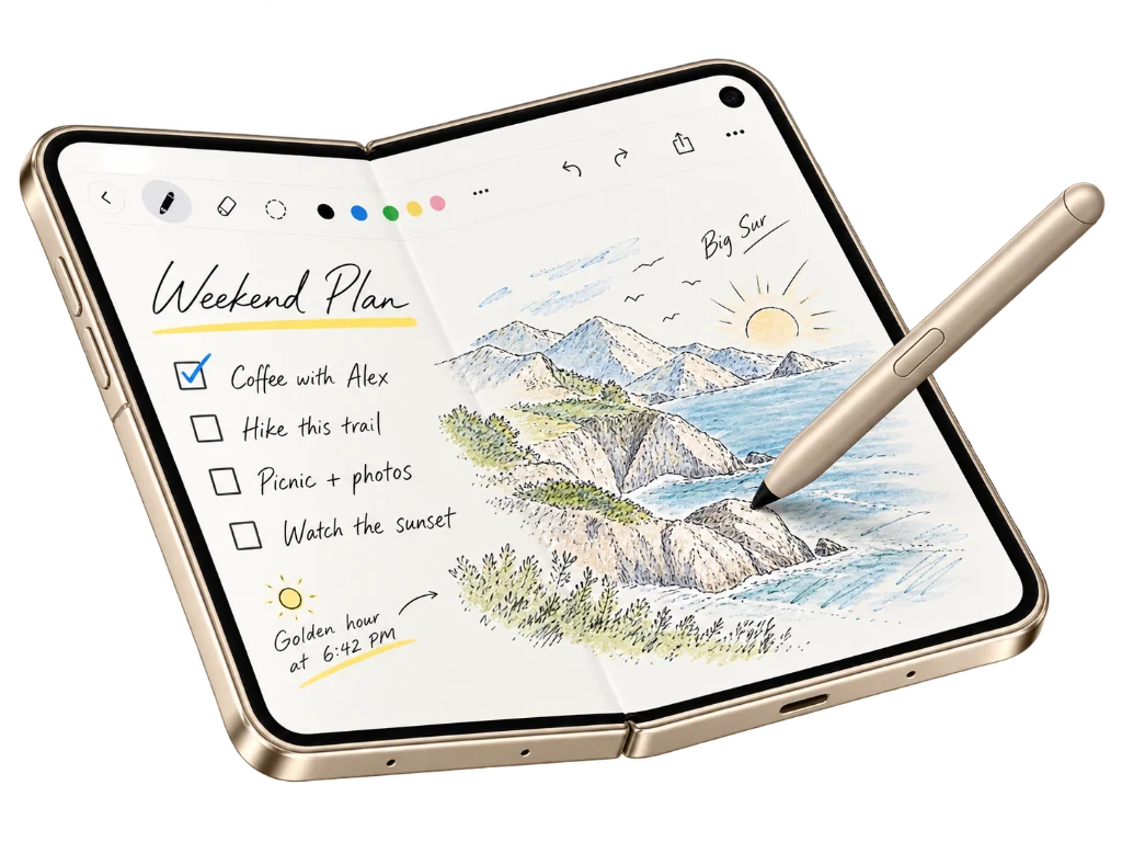 Illustrative artwork of a foldable phone opened like a book showing a handwritten weekend plan on the left page and a coastal sketch on the right page, with a stylus drawing on it.