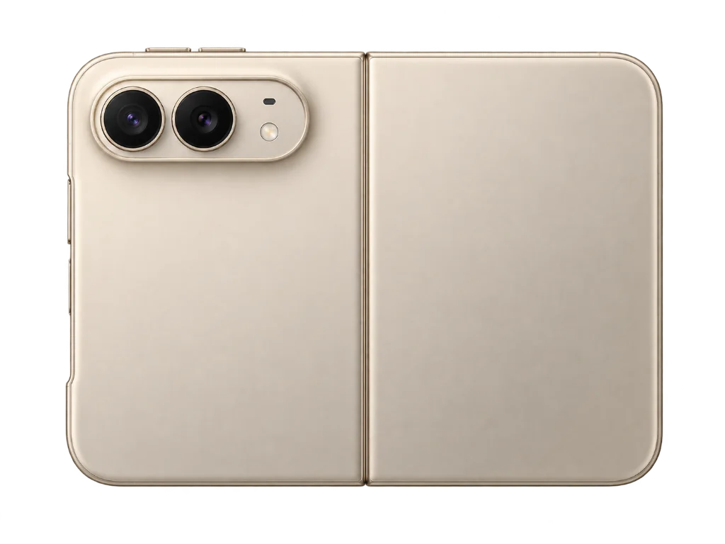 Illustrative artwork of the back of a folded foldable phone showing two camera lenses side by side in a horizontal bar with the flash to their right.