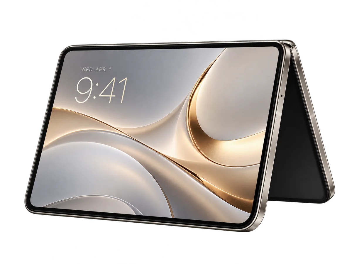 Illustrative artwork of a foldable phone propped in a tent shape with a lock screen clock on its display.