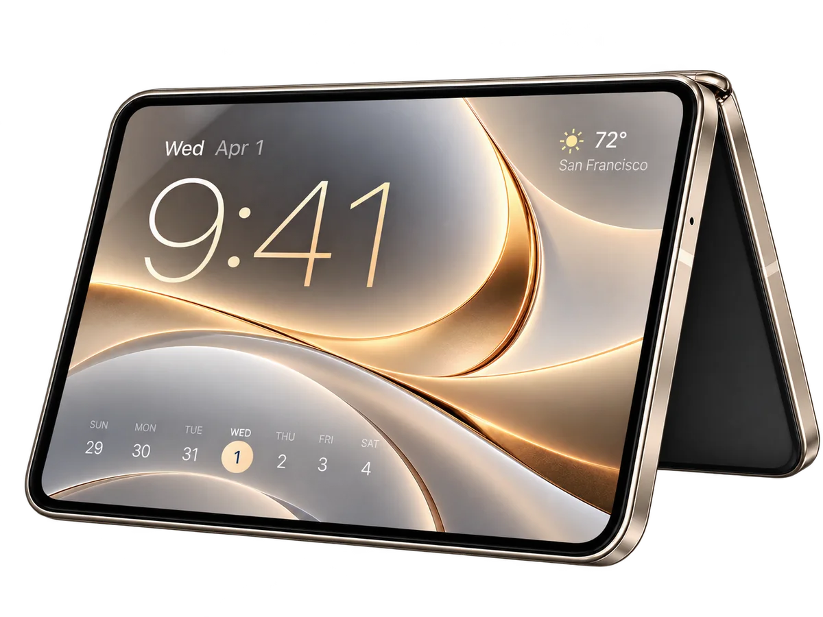 Illustrative artwork of a foldable phone standing in a tent shape showing a clock, weather and week calendar.